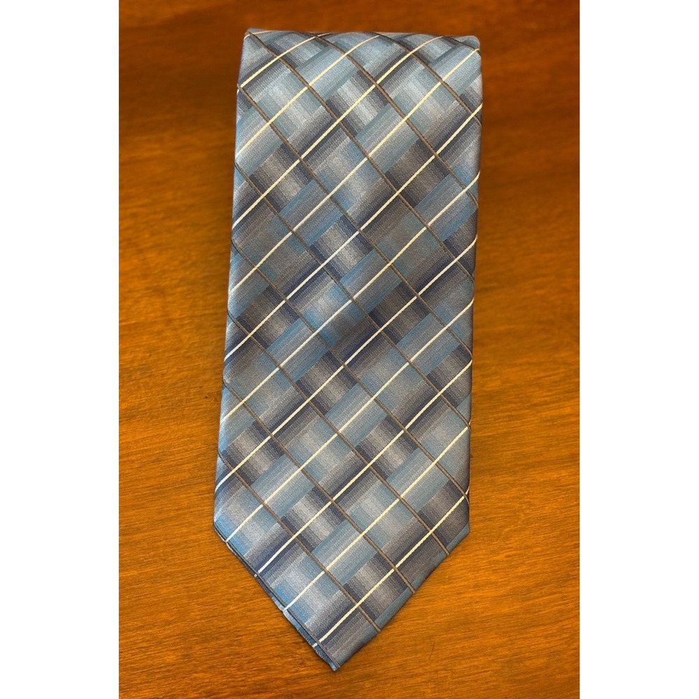 Van Heusen Necktie Mens Blue Grey Plaid Silk Stain Resistant Excellent Preowned